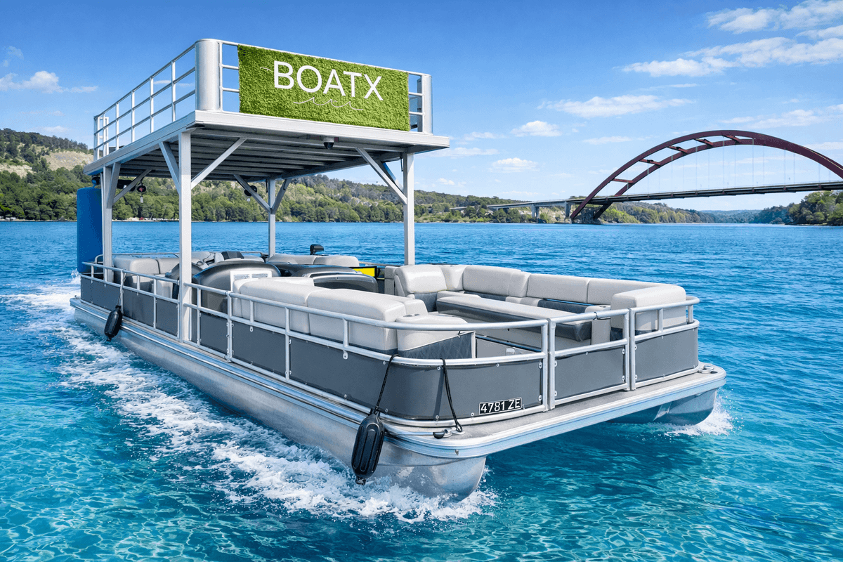 Lake Travis double decker party boat rental Austin Texas BOATX 360 bridge